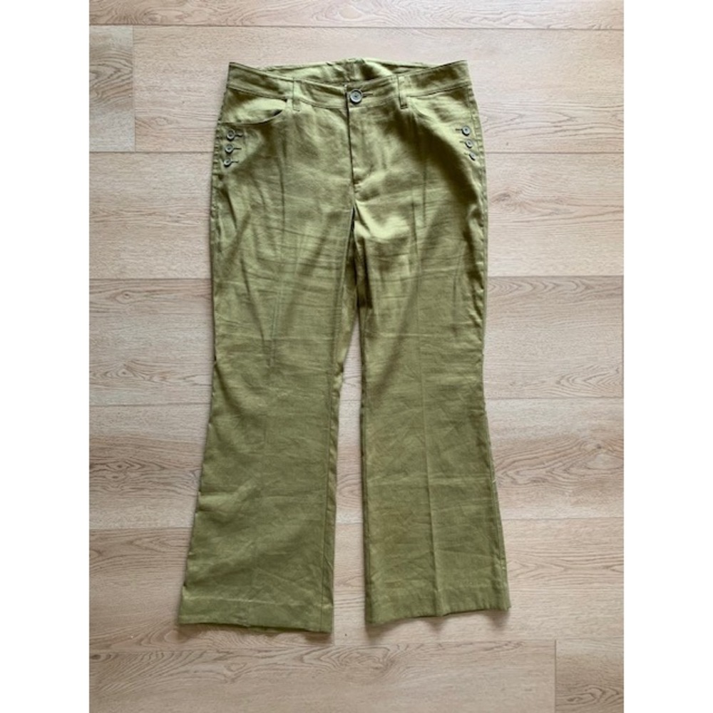 Cabi Olive Green Linen Blend Flare Leg Trousers Button Detail‎ 5314R Size 12